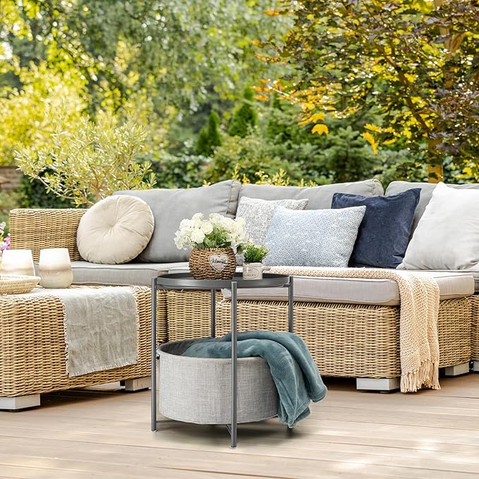 danpinera Round Side Table with Fabric Storage Basket, Metal Side Table Small Bedside Nightstand with Removable Tray Top for Living Room, Bedroom, Nursery, Laundry, Gray