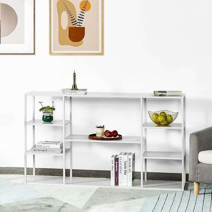 55 Inch Metal Console Table with 8 Storage Shelves,Extra Long Entryway Table,Narrow Sofa Table,Hallway Table for Entrances to Corridor, Foyer,Living Room (White, 55.12×11.81×31.5in)