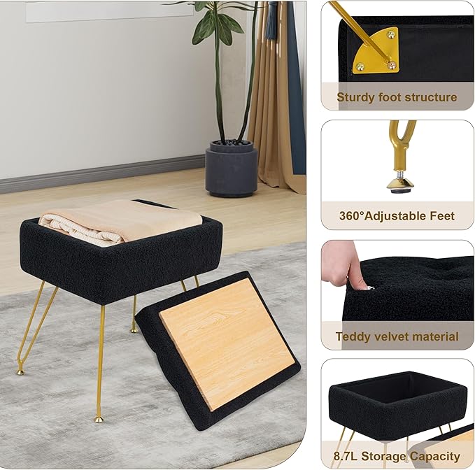 Vanity Chair with Storage, 15.7" L x 11.8" W x 17.7" H Teddy Velvet Vanity Stool with Coffee Table and Metal Legs, Multifunctional Makeup Stool for Vanity, Bedroom, and Living Room, Black