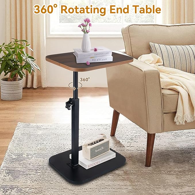 C Shaped End Table for Couch Sofa, 360° Swivel Height Adjustable TV Tray for Small Spaces,Livingroom Bedroom College Dorm Hospital(Walnut)