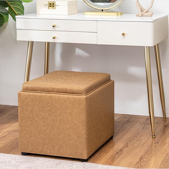 Adeco 18" Light Yellow Square Storage Ottoman with Tray, Retro Cube Ottoman Coffee Table for Dorm, Bedroom