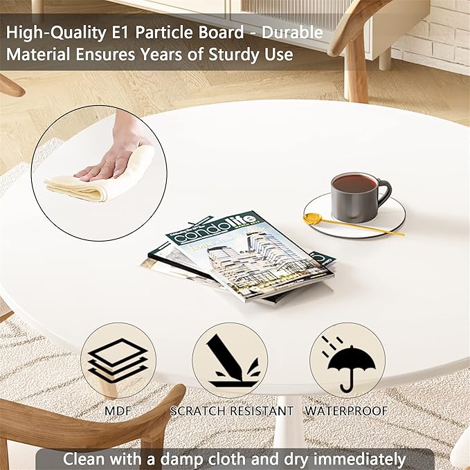 DKLGG White Round Dining Table, 42.1" Tulip Table Kitchen Dining Table 4-6 People with MDF Tabletop & Pedestal Base, Mid-Century End Leisure Coffee Office Living Room Table