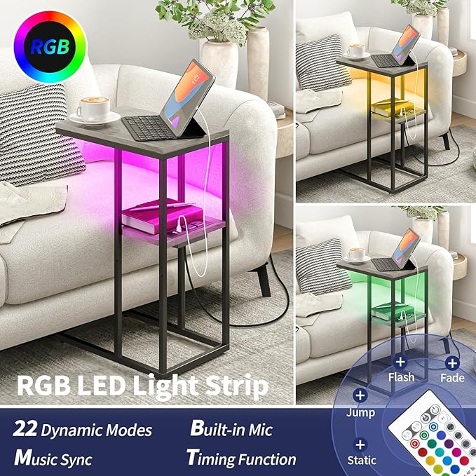 Yoobure LED C Shaped End Table with Charging Station, Small Side Tables for Living Room Bedroom, TV Tray Table with USB Ports and Outlets for Small Spaces, C Table for Couch Sofa, Bed Side Table