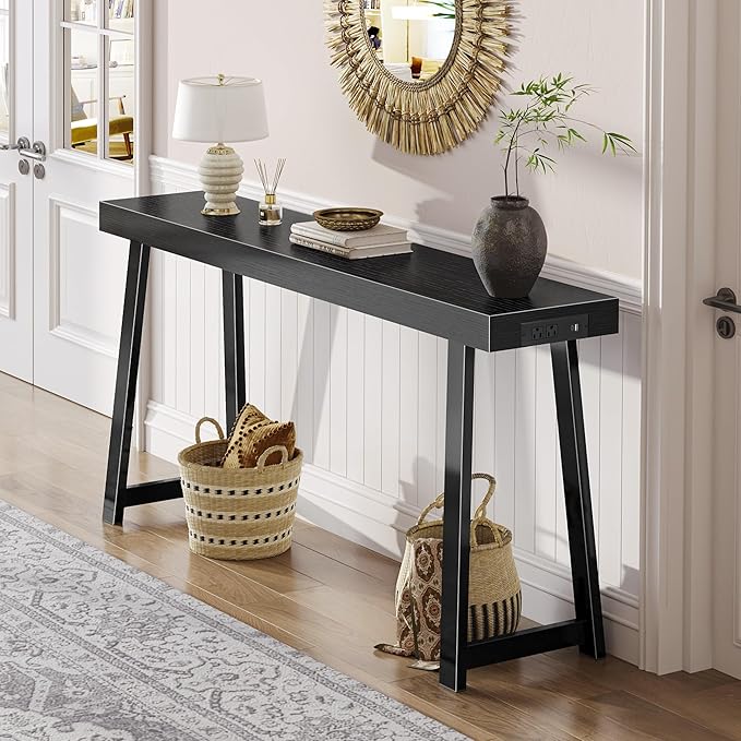 Huuger Entryway Console Table with Charging Station, USB-C Port, 53.9 Inch Sofa Table with Metal Legs, Entry Hallway Table with Deeper Desktop, Modern Behind Couch Table, Black