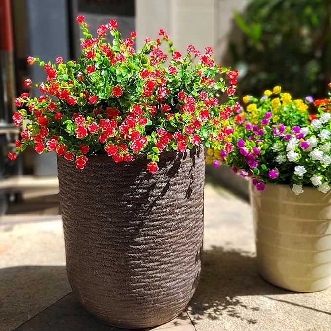 12 Bundles Artificial Flowers for Outdoors, UV Resistant Fake Flowers with Plastic Plants, Faux Flowers for Outside Window Box Front Porch Hanging Planter Decor (Red)