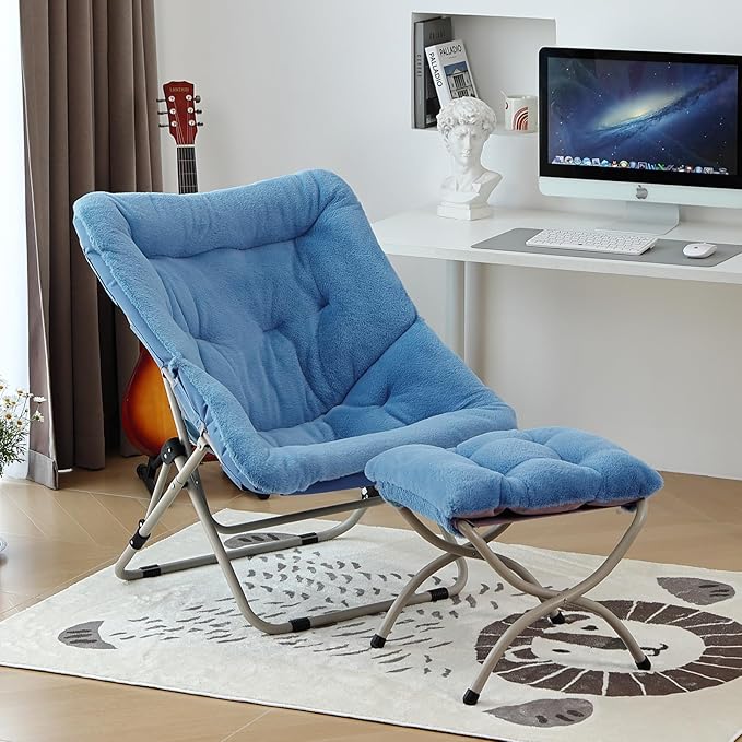 Comfy Folded Chair with Ottoman, Oversized Folding Faux Fur Chair Soft Furry Lounge Lazy Chair with Metal Frame Moon Chair Accent Chair for Bedroom, Living Room, Dorm Rooms