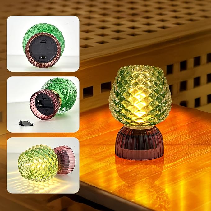 Battery Operated Lamp with Timer, Cute Small Cordless Glass Table Lamp for Home Decor, Kitchen, Bathroom, Birthday Gift for Women, Pinecone, Green