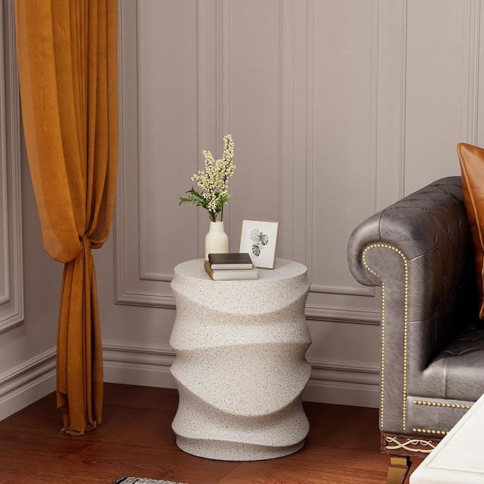 HOMPUS Outdoor Side Table, Patio End Table w Water Wave, Unique MgO Round Lightweight Concrete Accent Table, Modern Vintage Plant Stand Garden Tool for Indoor Outdoor Use, Warm White