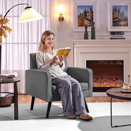 Yaheetech Modern Living Room Chair, Mid-Century Armchair Button Tufted Back and Wood Legs, Vintage Lounge Chair for Bedroom/Home Office/Study, Gray