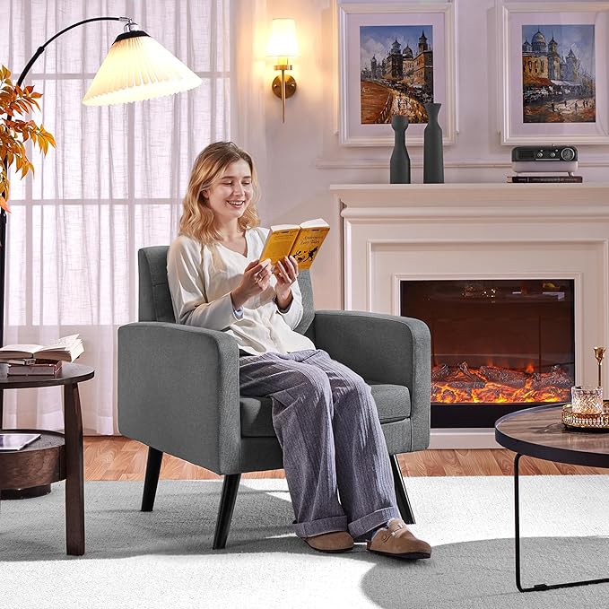 Yaheetech Mid-Century Accent Chairs, Modern Upholstered Living Room Chair, Cozy Armchair Button Tufted Back and Wood Legs for Bedroom/Office/Cafe, Set of 2, Gray