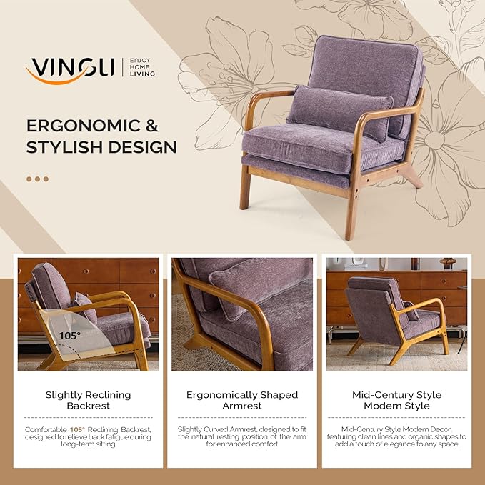 VINGLI Chenille Mid-Century Modern Accent Chair, Cute Reading Arm Chair with Cushion & Lumbar Pillow & Solid Wood Frame for Lounge, Living Room, Reading Room, Bedroom, Light Purple