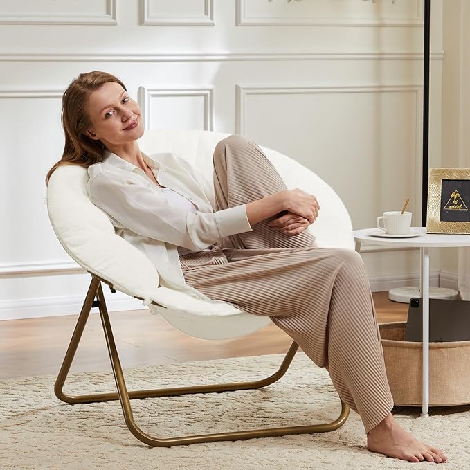 DUMOS Comfy Saucer Chairs Cozy Faux Fur Soft Lounge Cute Folding Bedroom Living Room Seat Flexible Reading Foldable Seating for Kids Adults Thick Padded Metal Frame Modern for Home Office White