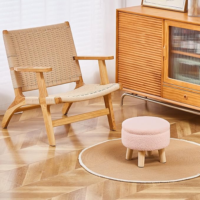 Wimarsbon Storage Ottoman, Modern Round Footrest with Soft Padded Seat, Teddy Velvet Footstool with Wood Legs, Accent Small Table or Plant Stand for Hallway, Living Room (Pink)