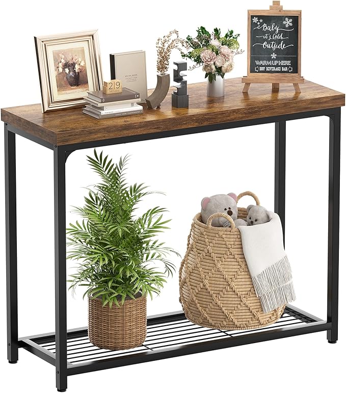 32" Small Console Table, 2-Tier Entryway Table, Sofa Table with Mesh Shelves, Console Tables for Living Room, Bedroom, Hallway, Entryway, Foyer, Rustic Brown