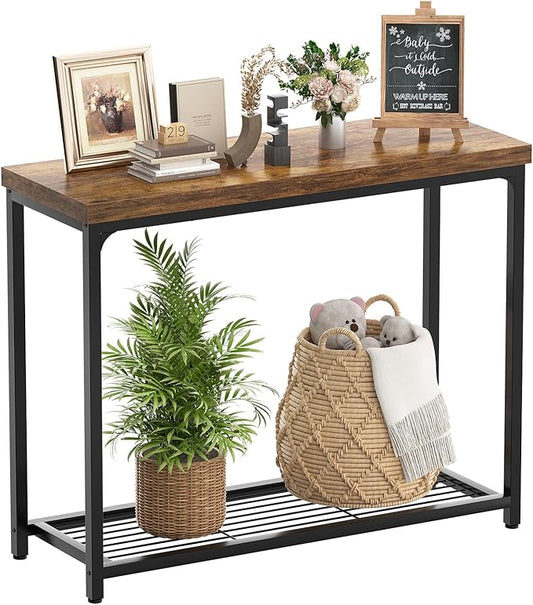 32" Small Console Table, 2-Tier Entryway Table, Sofa Table with Mesh Shelves, Console Tables for Living Room, Bedroom, Hallway, Entryway, Foyer, Rustic Brown
