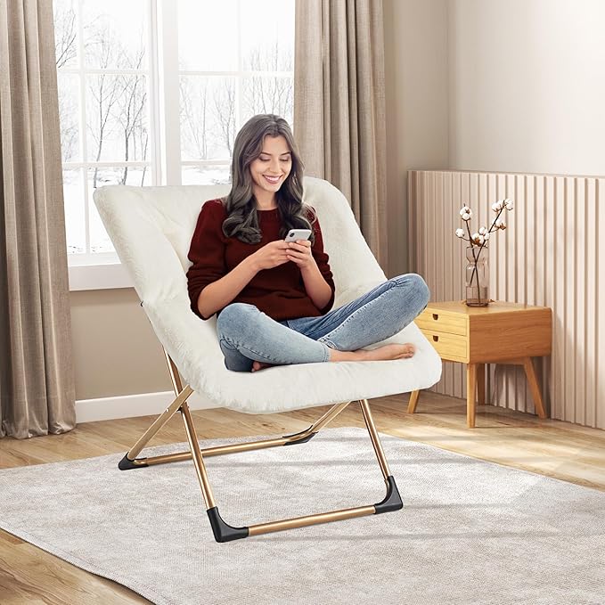 Comfy Oversized Saucer Chair, Soft Faux Fur Reading Lounge Chair for Adults, Stable X-Large Metal Frame and Non-Slip Pad, Foldable Cozy Chairs for Bedroom, Living Room, Dorm, Office, Beige