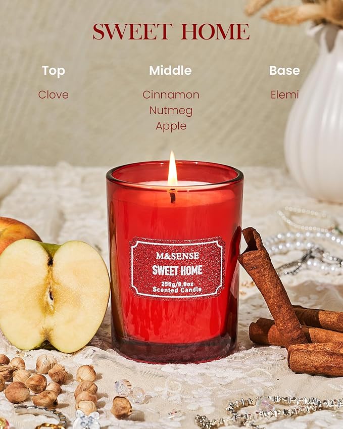M&SENSE Cinnamon Apple Scented Candles, Classic Size 8.8 oz Glitter Jar Candles, Holiday Candles Gifts for Women, Strong Scented Natural Soy Candle For Winter Home Decor, 50 Hours Long Burning Candles