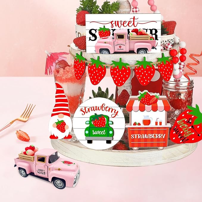 Strawberry Decor 5 Inch Vintage Truck with Mini Fake Strawberries and Wooden Crate Farmhouse Tiered Tray Decor Berry Sweet Summer Kitchen Centerpieces for Tables Strawberry Shortcake Decorations