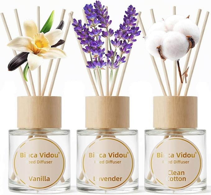 Reed Diffuser Set of 3, Binca Vidou Lavender Vanilla Clean Cotton Natural Scent Oil Diffusers with Sticks for Home Office Bathroom Aromatherapy Decor 1.69oz x 3