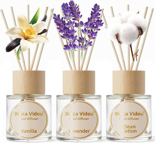 Reed Diffuser Set of 3, Binca Vidou Lavender Vanilla Clean Cotton Natural Scent Oil Diffusers with Sticks for Home Office Bathroom Aromatherapy Decor 1.69oz x 3
