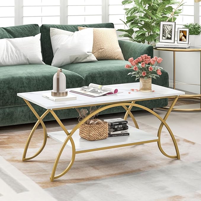 Giantex 2-Tier Rectangular Coffee Table, Faux Marble Table with Open Storage Shelf, Gold Finished Metal Frame, Modern Center Table for Living Room, Reception Room (White+Gold)
