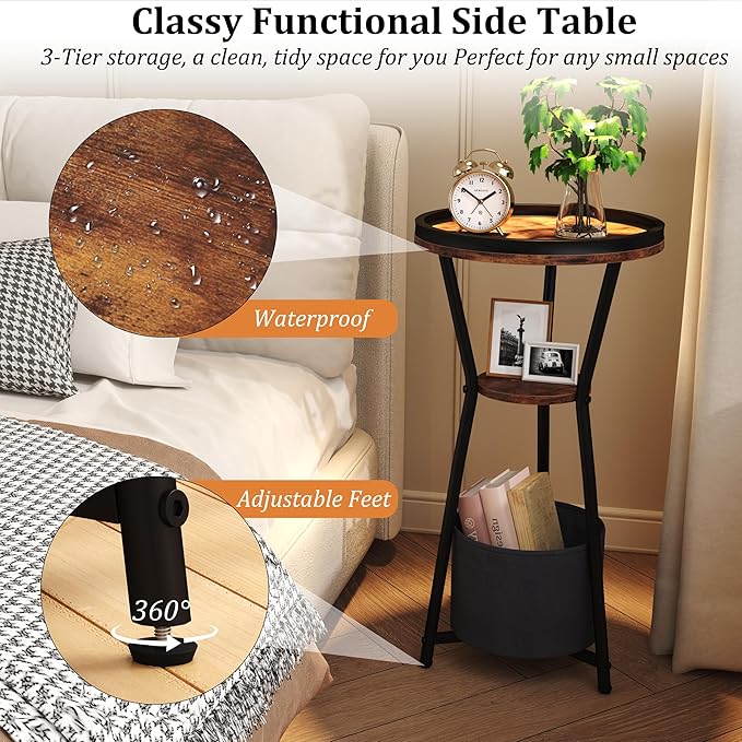 Yusong Round Side Table, Small Drink Table for Small Spaces, 3-Tier Industrial End Table, Accent Nightstand Bedside Table for Living Room, Bedroom, Sofa Couch, Rustic Brown