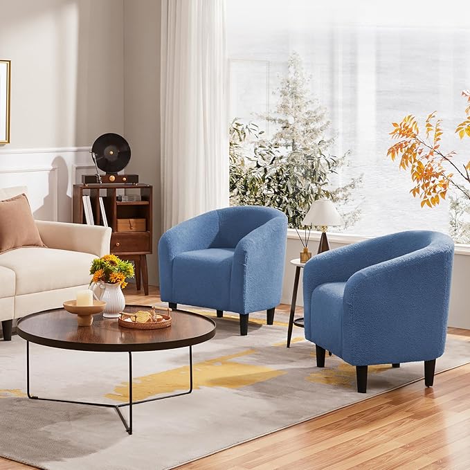 Yaheetech Accent Barrel Chair, Boucle Fabric Club Chair, Furry Sherpa Elegant Armchair with Cozy Soft Padded, Suitable for Living Room Bedroom Reception Room Office, Blue