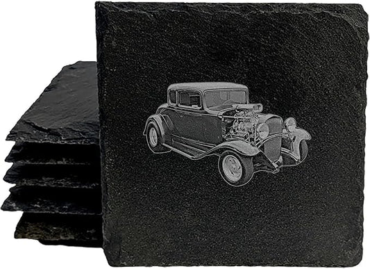1932 Chevy Hot Rod: Laser-Etched Coasters for Gearheads - Square Slate - Set of 8