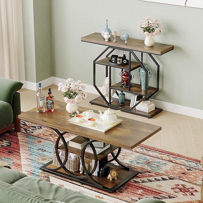 GiftGo 41.3" Narrow Console Table Entryway Industrial 4-Tier Sofa Table Behind Couch with Octago Base Wood Accent Tables with Storage Shelves for Living Room, Hallway, Foyer (Brown)