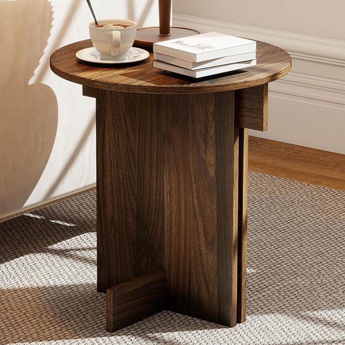 Wooden Round Side Table, Small Drink End Table, Cocktail Table, Modern Accent Night Stand with Wooden Base, Plants Stand for Living Room/Bedroom, Corners, Office, Small Space, Walnut