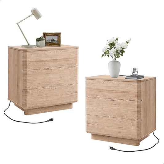 ACCOHOHO 22" Modern Nightstand Set of 2 with Charging Station, Push-to-Open 3 Drawers Bedside Table, Large End Table with Storage, Night Stand for Bedroom, Living Room, Curved Profile, Natural Oak