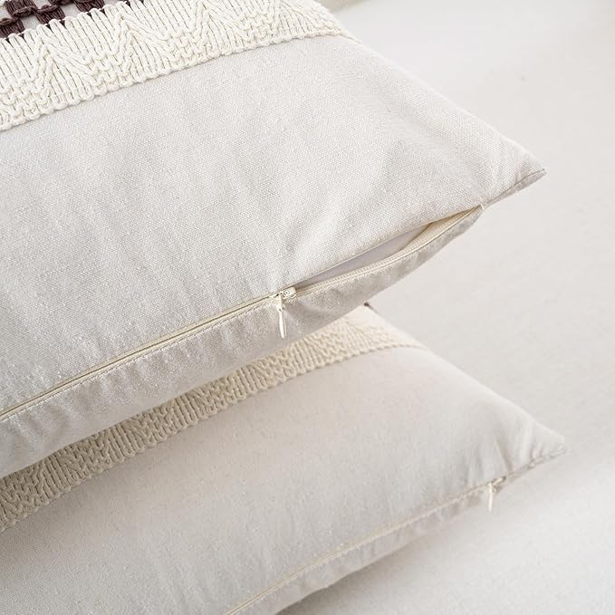 Fancy Homi Set of 2 Boho Brown Decorative Throw Pillow Cover 16x16 Inch for Couch Bed Sofa, Aesthetic Modern Organic Farmhouse Home Decor, Soft Cotton Cute Accent Macrame Woven Cushion Case