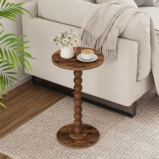 Round Side Table, Small Drink Table for Small Spaces, Pedestal End Table for Living Room, Modern Accent Nightstand with Solid Wood Leg for Bedroom, Corners and Office Brown Color UTBT005F