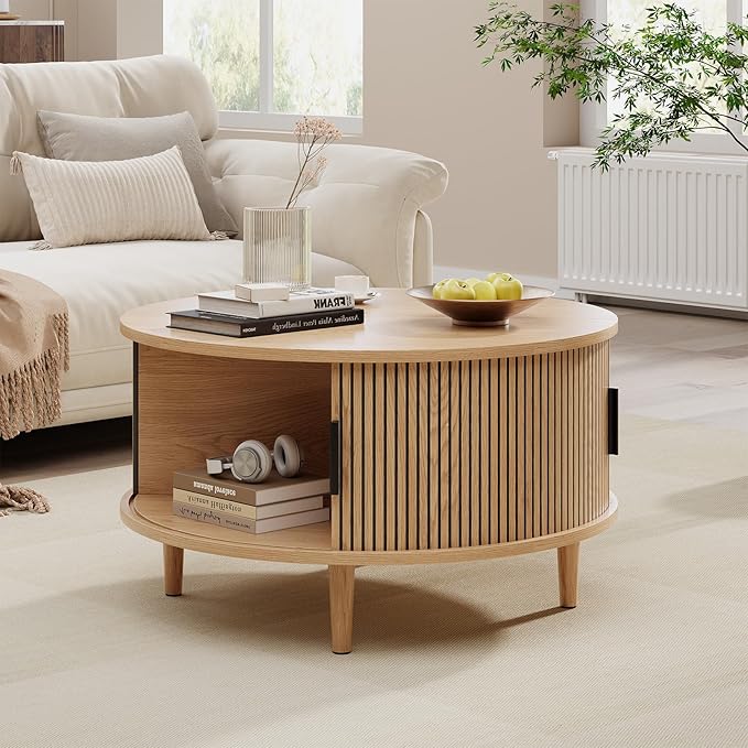 Mid Century Round Coffee Table, Fluted Center Table with Sliding Door, Modern Dining Table with Storage for Home Living Room Office, 31.5", Oak