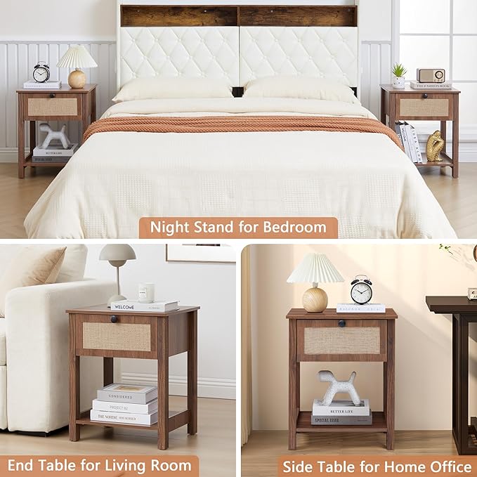 Wood Nightstand, 21.65" H End Table with Flax Finish, Modern Night Stands with Drawer, Farmhouse Bedside Table for Bedroom Living Room (Walnut)