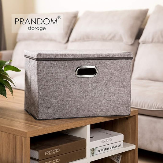 PRANDOM Large Foldable Storage Bin with Lid [1-Pack] Linen Fabric Decorative Storage Box Organizer Containers Basket Cube with Handles Divider for Bedroom Closet Office Living Room (17.7x11.8x11.8)
