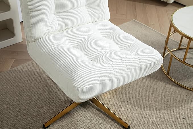 ZOBIDO Modern Accent Corduroy Chairs Comfy Upholstered Vanity Chairs for Bedroom Armchair Dining Chairs with Golden Metal Legs Desk Chair for Living Room（White