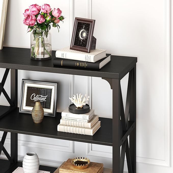 IBF Black Console Table, Modern Sofa Table Behind Couch, Industrial Entryway Table for Hallway Living Room, Farmhouse Wooden Metal Entry Table for Foyer with 3-Tier Storage Shelves, Black Oak, 55 Inch