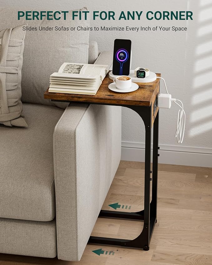 C-Shaped Side Table for Couch - Small Coffee Stand Sofa Tray Desk with Metal Frame Waterproof Scratch Resistant Wood Top and Built-in Charging Station, Rustic Brown