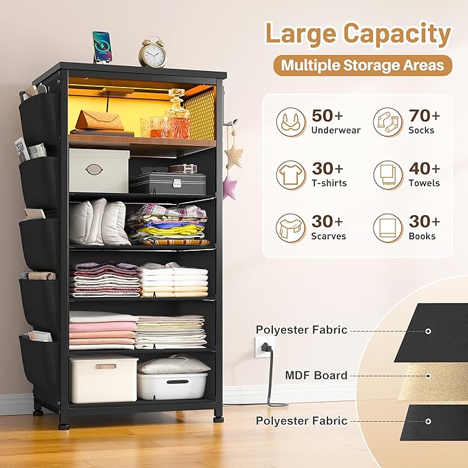 EnHomee Tall Night Stand with 5 Drawers, LED Nightstand with Ports & Outlets, Bedside Table with Extra Side Bag & Storage Shelf & Hooks, Bedroom, Dorm, Closet