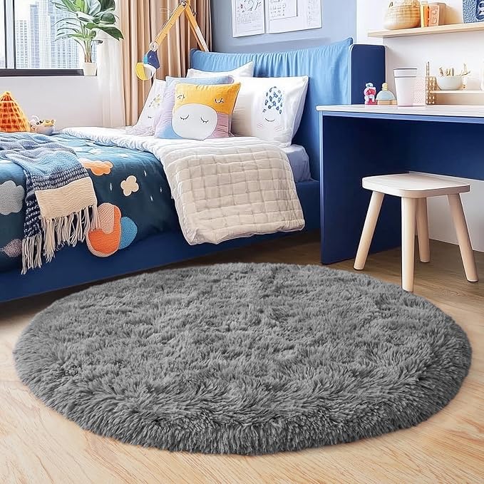 3'x3' Grey Round Rug for Bedroom, Ultra Soft Fluffy Circle Rug for Kids Girls Boys Room, Cute Small Shag Rugs for Living Room Playroom Teen Room Home Decor Rug
