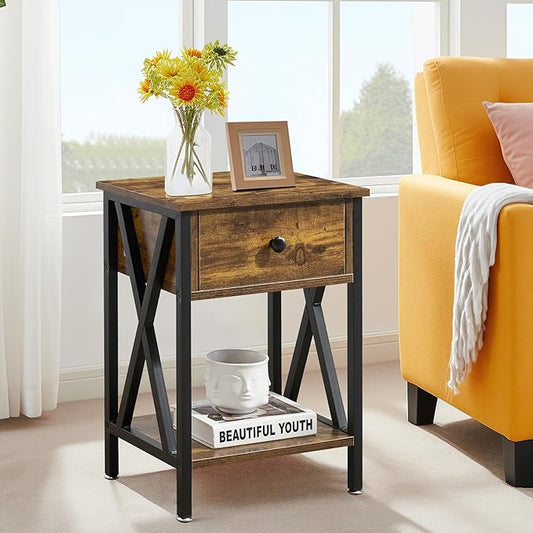 VECELO Nightstands Set of 2, Modern Bedside End Tables, Night Stands with Drawer and Storage Shelf for Living Room Bedroom, Industrial Metal Frame