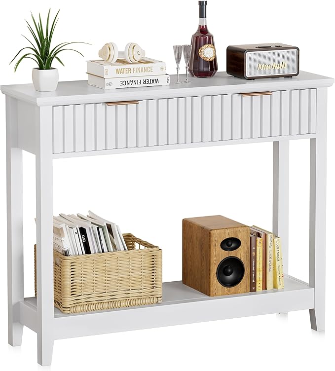 39 inch Entryway Table with Storage, Narrow Console Table with 2 Drawers, Modern Sofa Table with Open Storage Shelf for Living Room, Foyer Hallway, White