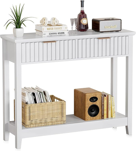 39 inch Entryway Table with Storage, Narrow Console Table with 2 Drawers, Modern Sofa Table with Open Storage Shelf for Living Room, Foyer Hallway, White