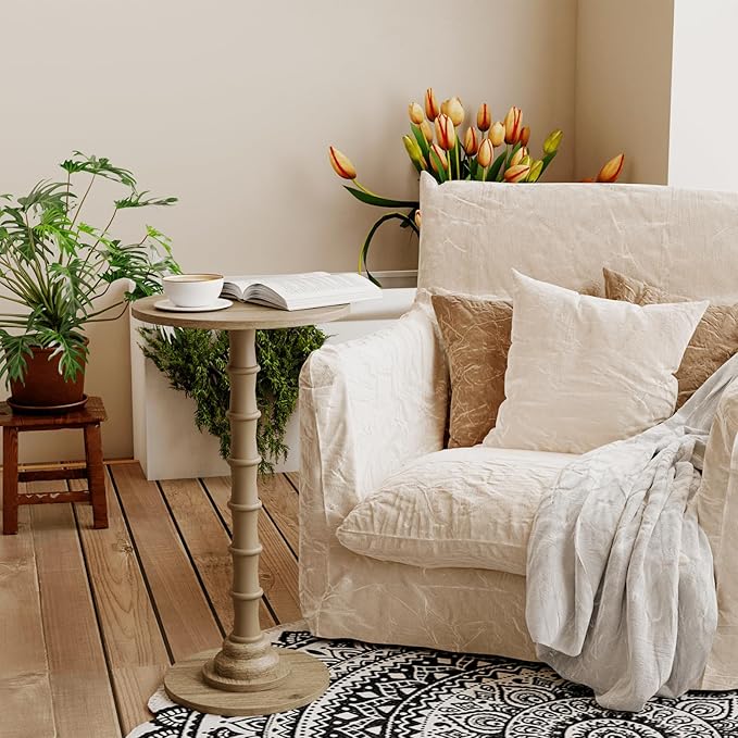 Round Side Table, Modern Drink Table for Small Spaces, Small End Table with Solid Wood Leg for Living Room, Bedroom, Corners, and Office (Grey Oak)