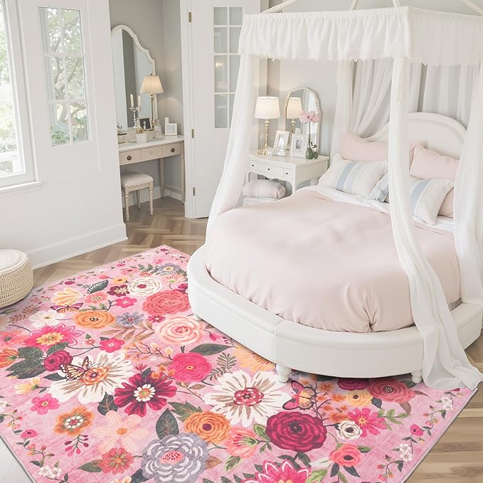 Pink Living Room Rugs, Area Rugs 5x8 Rug for Girls Bedroom Ultra-Thin Soft, Non-Slip Washable Rugs Stain Resistant Boho Rug Low-Pile Throw Rug for ‎Dining Room Office (5 x 8, Pink Garden)