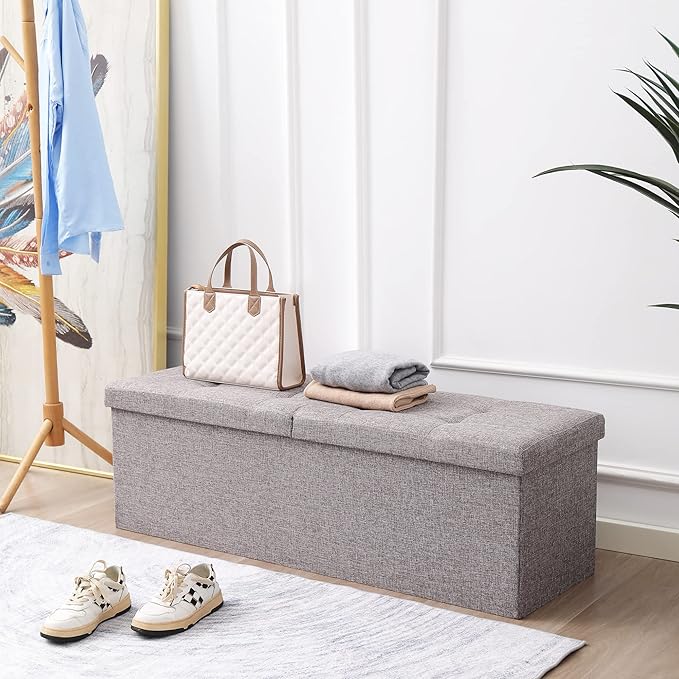 Cuyoca 45.3 Inches Foldable Seat Footrest Shoe Bench End of Bed Storage with Flipping Lid, 166L Upholstered Tufted Bench, Linen Fabric Grey