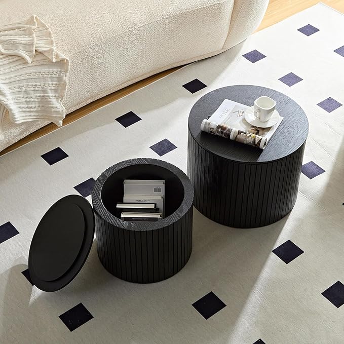 KEVINSPACE Small Coffee Table Nesting End Table Set of 2, Round Coffee Table with Storage Function Wood Side Table Circle Accent Tables for Small Spaces Living Room Bedroom Balcony Office Black