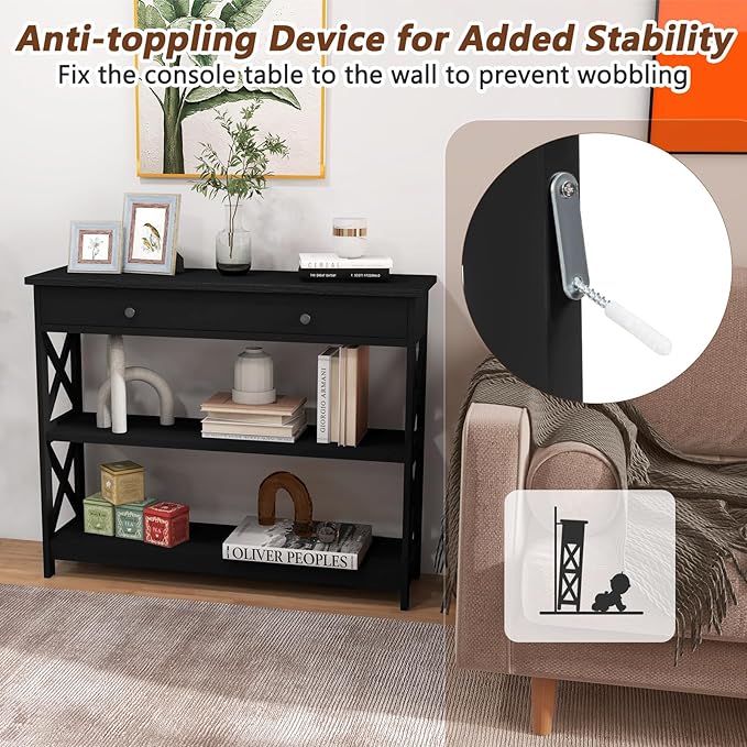 GOFLAME 39" Console Sofa Table with Drawers, 3-Tier Narrow Entry Table with Storage Shelves for Living Room Behind Couch, Entryway, Hallway (Black)