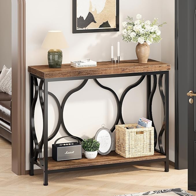 IBF 39.4" Narrow Console Table, Farmhouse Entryway Table in Living Room Hallway Foyer Entrance, Industrial Wood Metal Sofa Table Entry way Behind Couch Tables with 2-Tier Storage Shelves, Rustic Brown